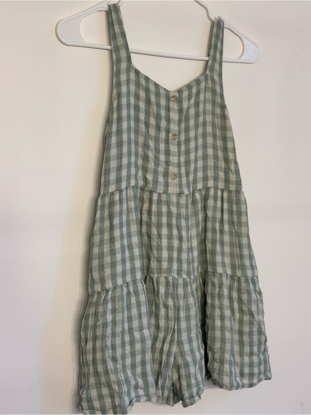 Abercrombie Kids Sage Green Gingham Tiered Romper